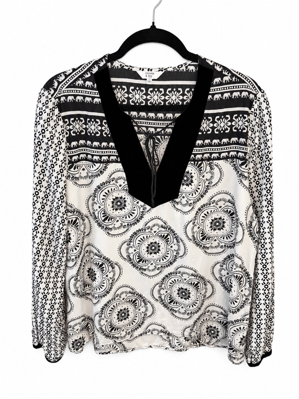 Crown & Ivy Elephant Print Velvet Trim Lace Up Tunic Blouse Black White L - Picture 3 of 6